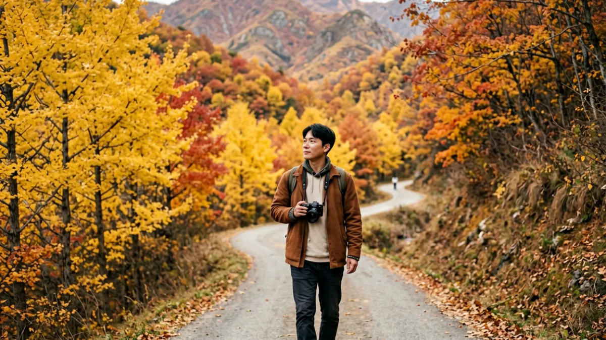 青青草视频户外旅拍合集封面，画面中博主在山间小路取景，背景为秋色林木