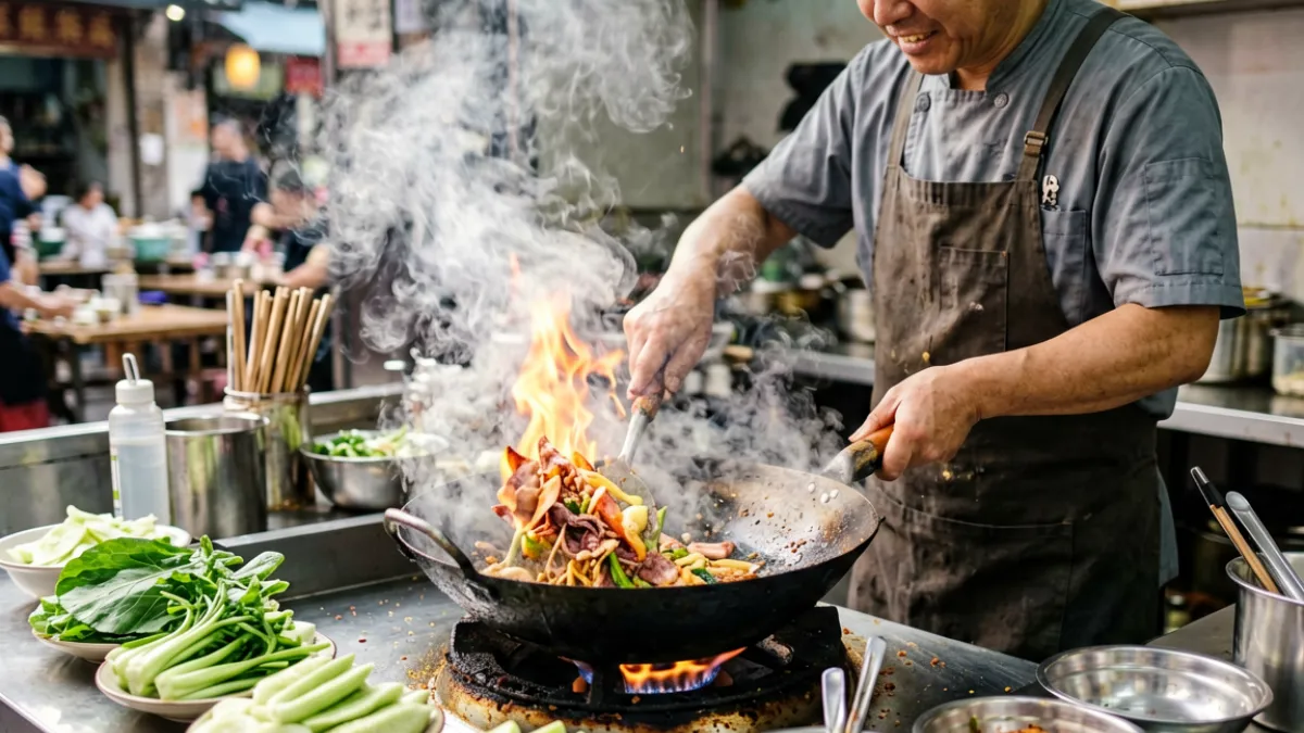 青青草视频美食探店系列封面，镜头对准街边小馆热气腾腾的炒锅与食材特写
